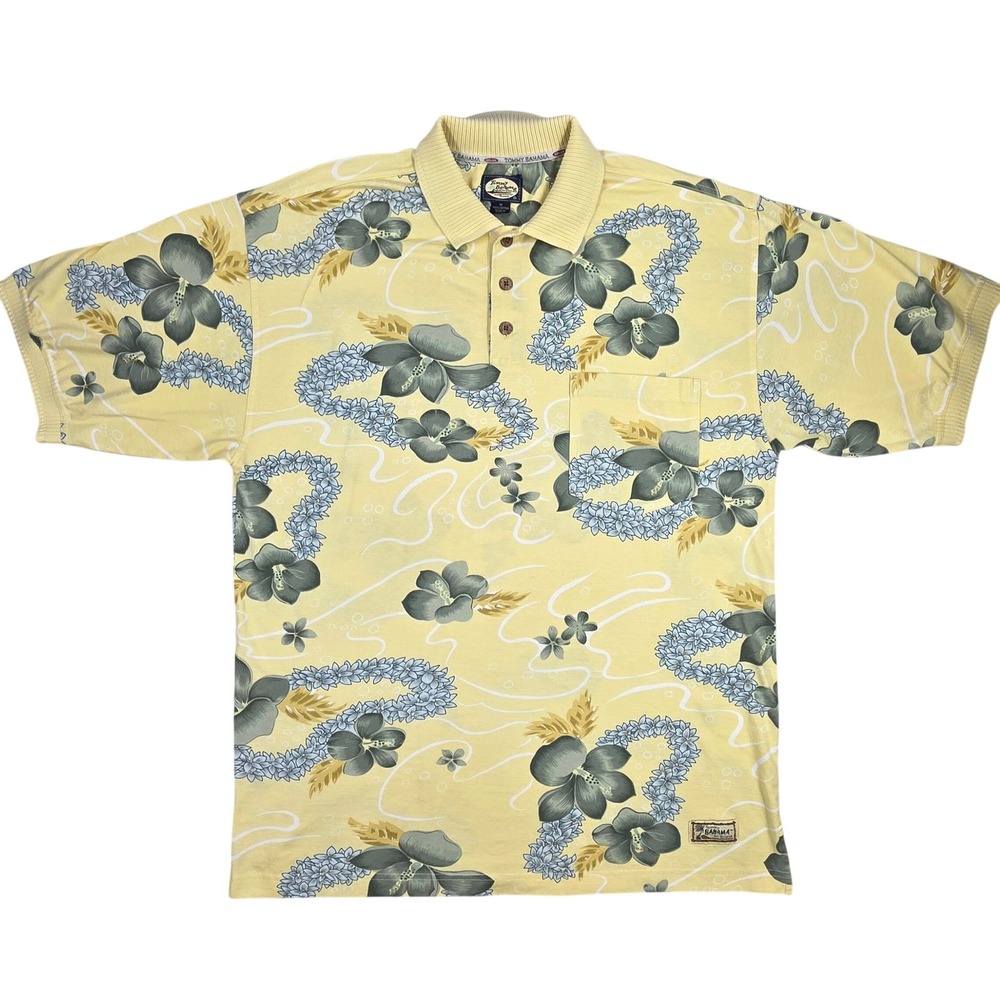 Tommy Bahama Relax Mens Medium Yellow Tropical Floral Lei Print Cotton Polo